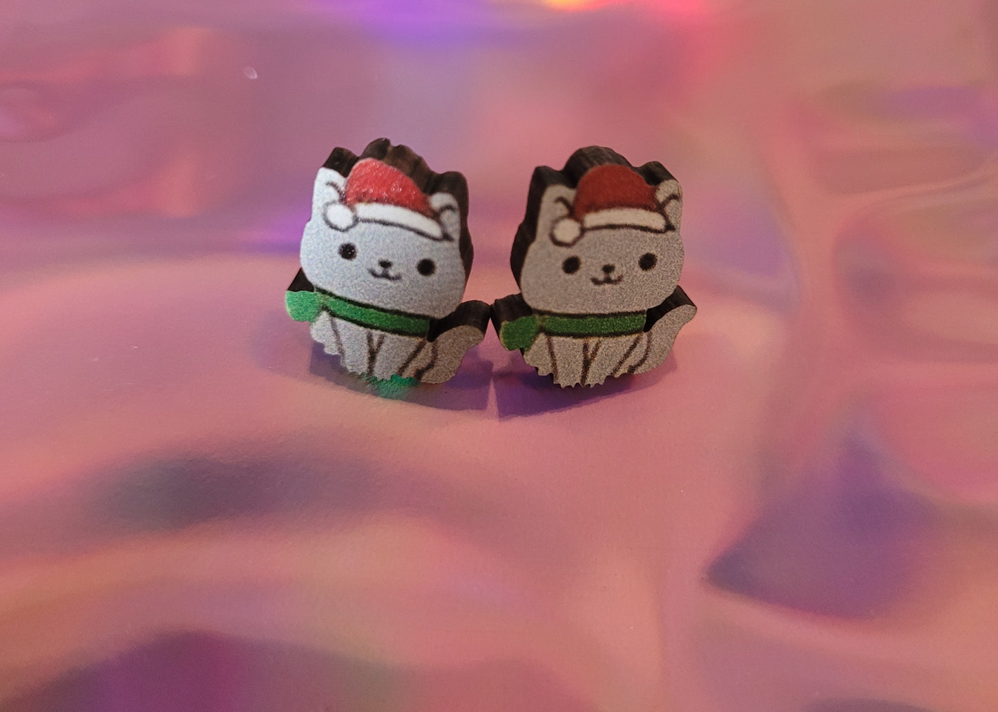 Small Christmas Cat Wooden Earrings