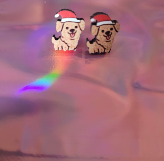 Small Christmas Dog Wooden Earrings