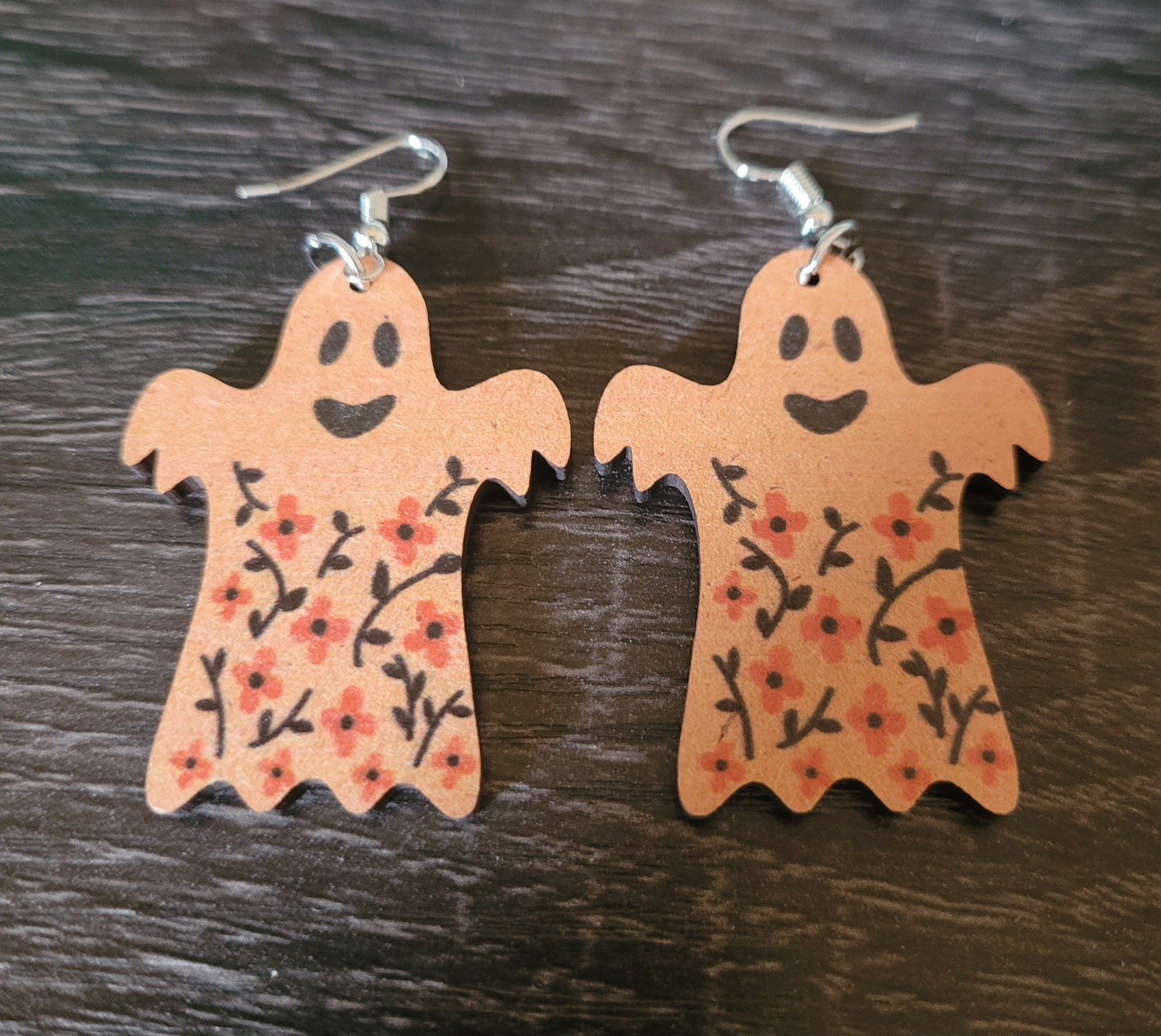 Halloween Flower Ghost Wooden Earrings