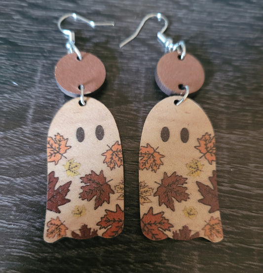 Wooden Ghost Halloween Earrings