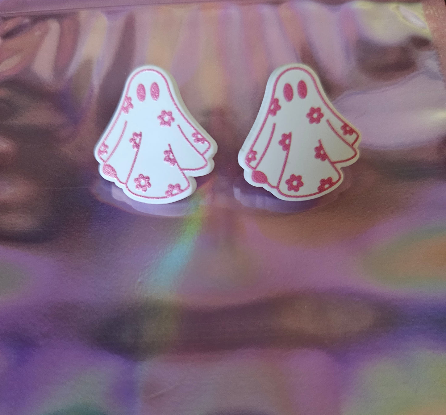 Pink Flower Ghost Earrings