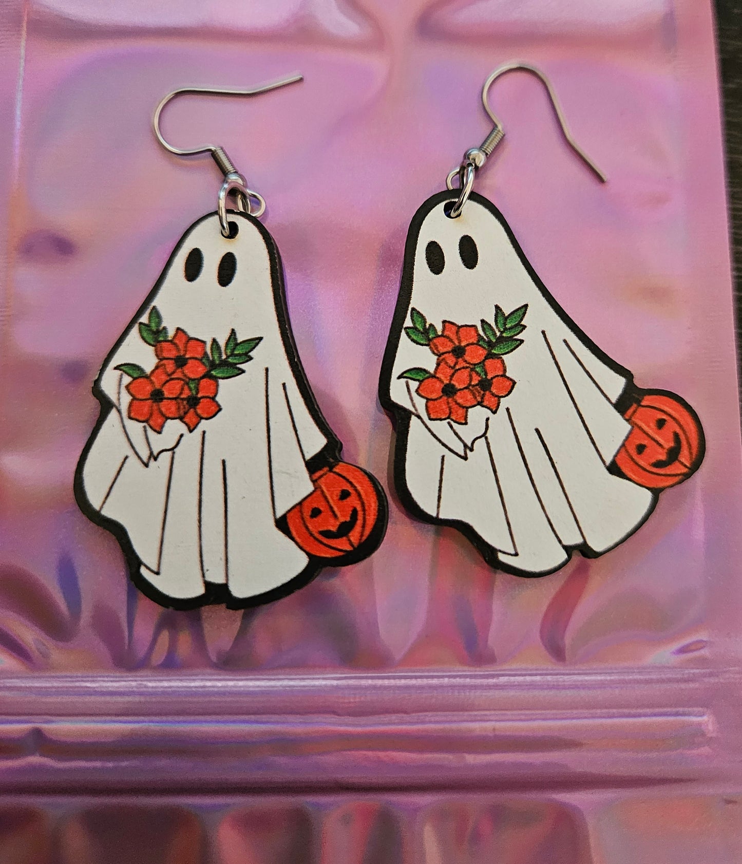 Wooden Dangle Halloween Ghost Earrings