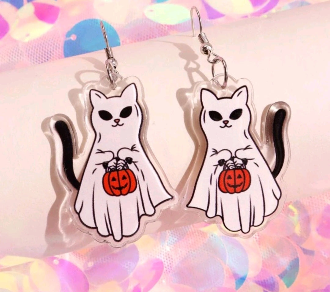 Ghost Cat with Pumpkin Earrings