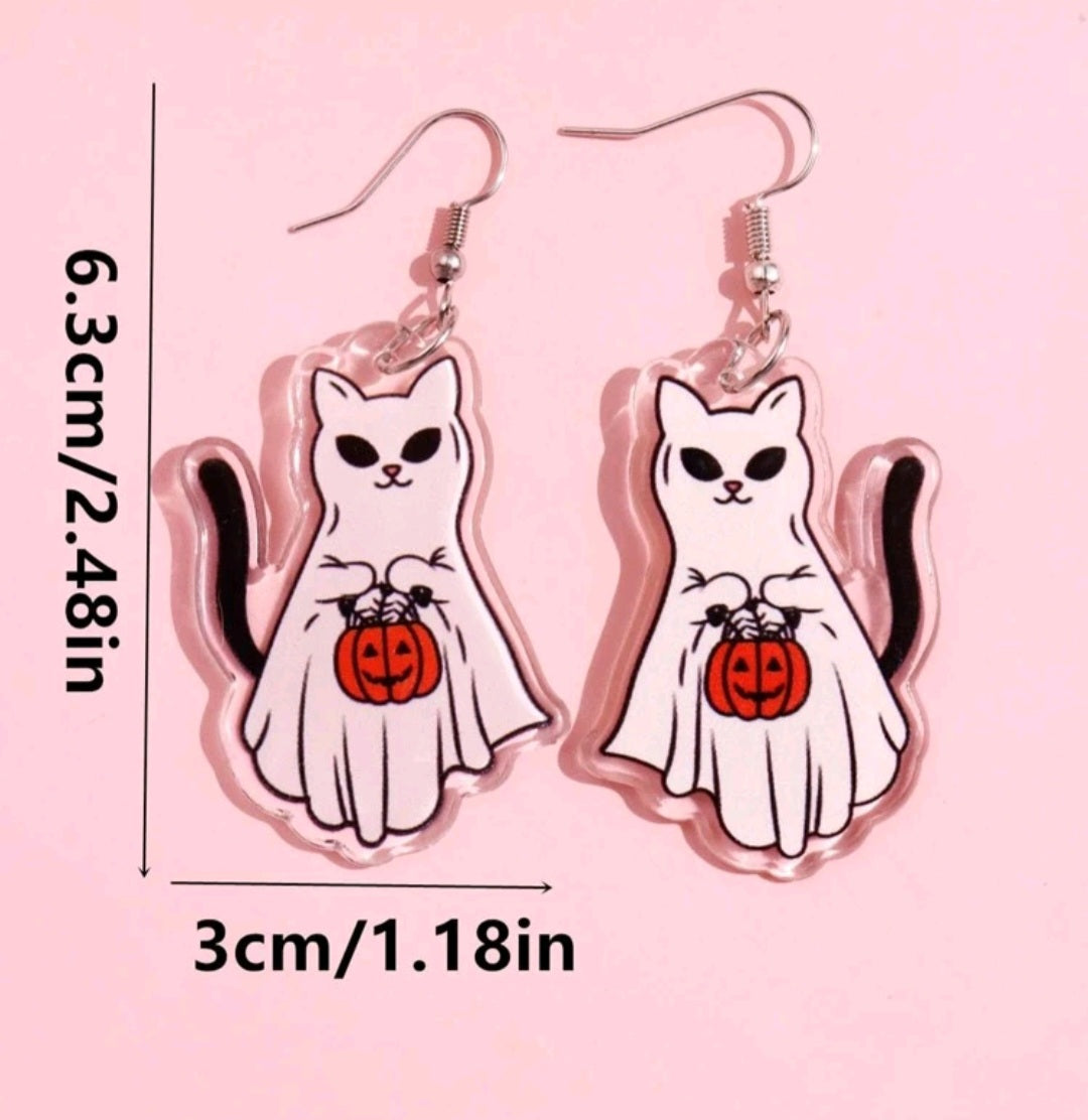 Ghost Cat with Pumpkin Earrings